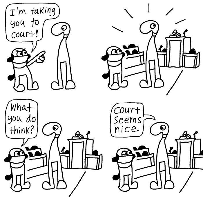 Comic characters in a courtroom setting; one says the court seems nice, blending absurdity with wit.