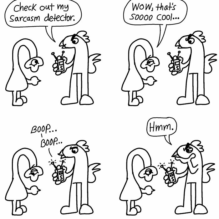 Comic characters using a sarcasm detector, featuring humorous dialogue, blending absurdity with wit.