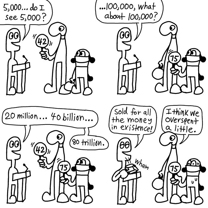 Auction scene in a comic by Boring World Comics, featuring characters with absurdly high bids, blending humor with wit.