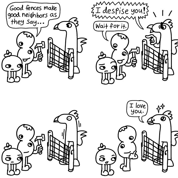 Comic by Boring World Comics where characters build a fence, illustrating absurdity and wit.