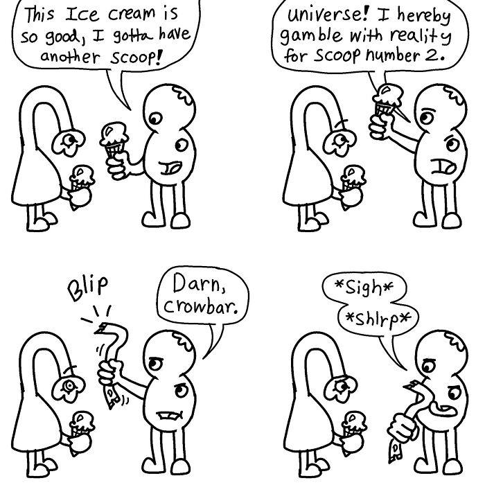 Characters discuss ice cream and absurd outcomes in a comic strip by Boring World Comics.