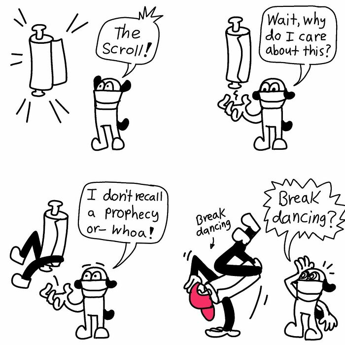 Comic strip by Boring World Comics featuring characters humorously reacting to a scroll and break dancing situation.