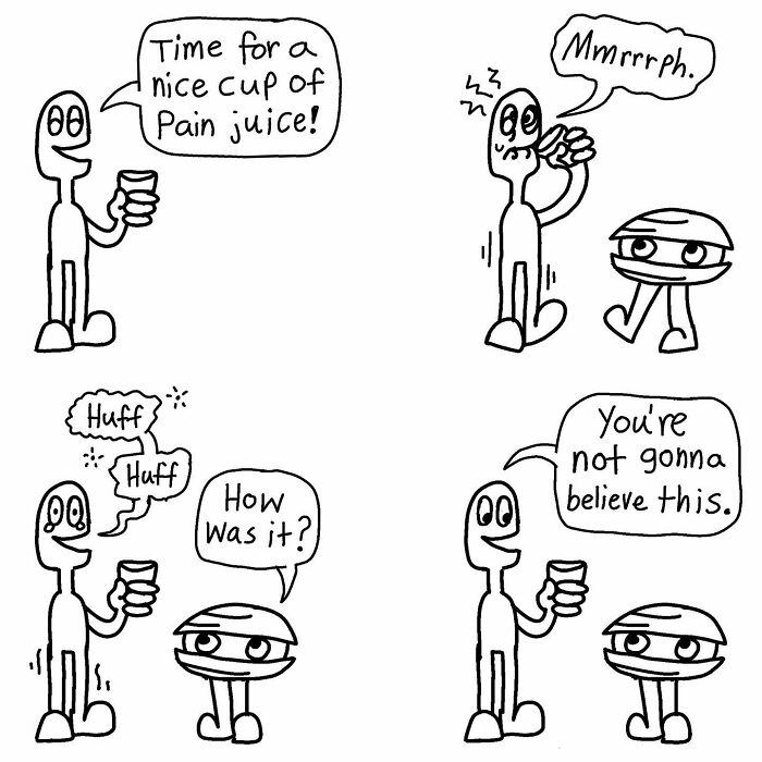 Comic characters humorously discuss drinking "Pain Juice" with exaggerated expressions.