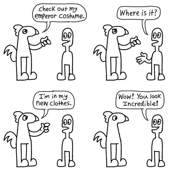 Comic by Boring World Comics featuring a conversation about an emperor's invisible costume.
