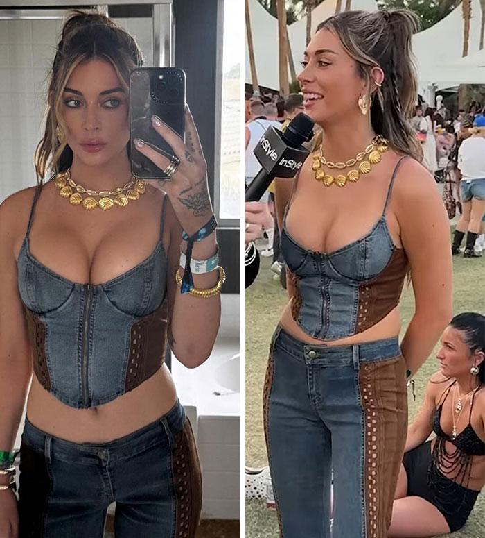 Woman in denim outfit with gold jewelry at Coachella 2025, captured in a selfie and being interviewed outdoors.