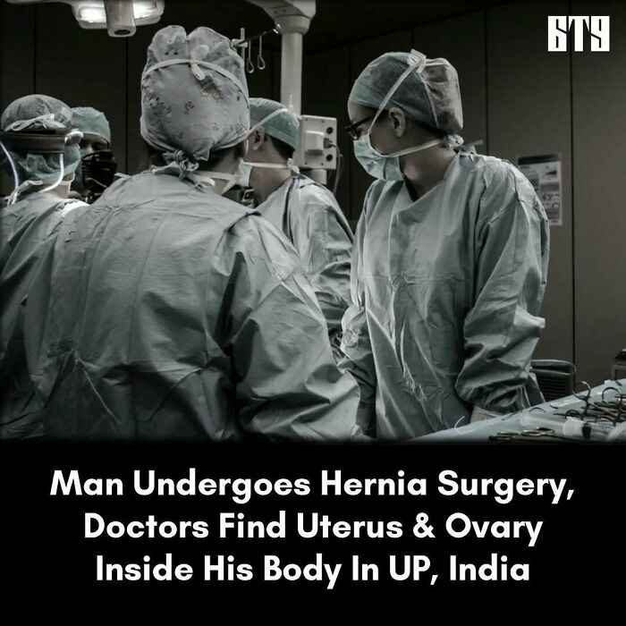 Doctors in surgery room, wearing scrubs, highlighting surprising medical discovery during hernia procedure.