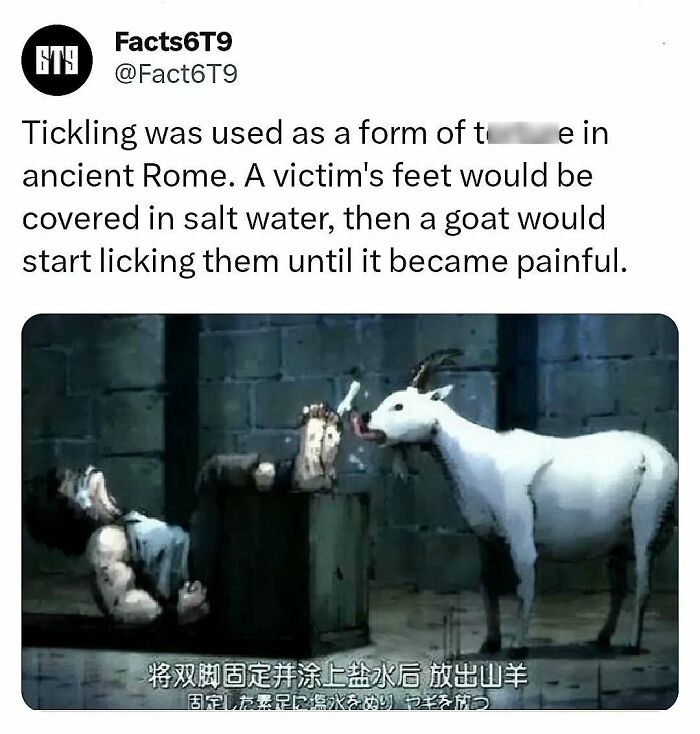A humorous depiction of a goat licking salted feet in ancient Rome, highlighting an unusual fact about historical practices.