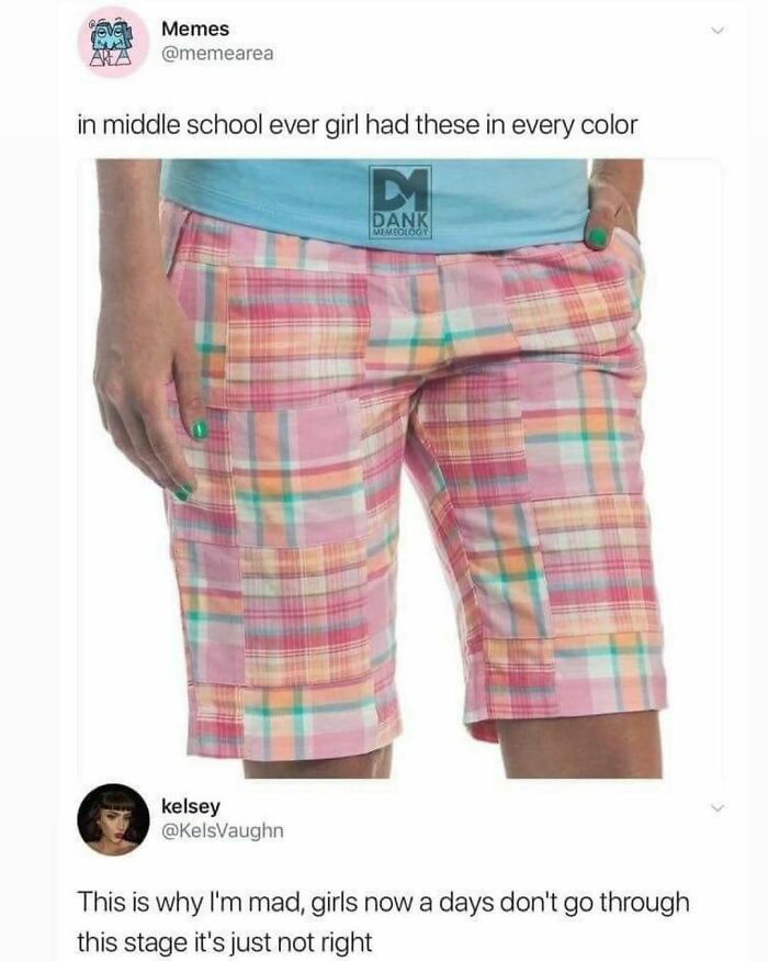 Person wearing colorful plaid shorts, representing millennial nostalgia meme from Instagram.
