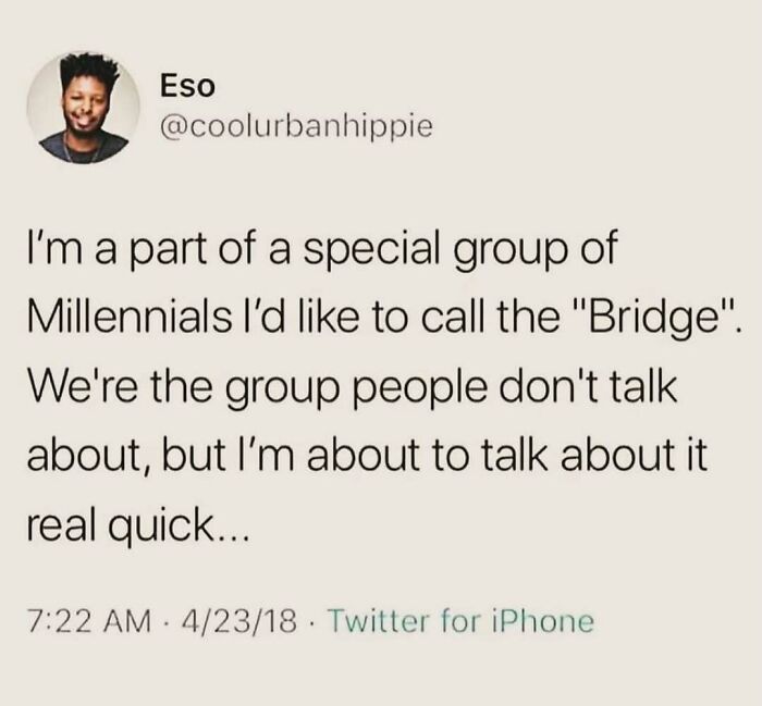 Millennial Misery meme about a unique group called the "Bridge" highlighting overlooked Millennials, shared by @coolurbanhippie.