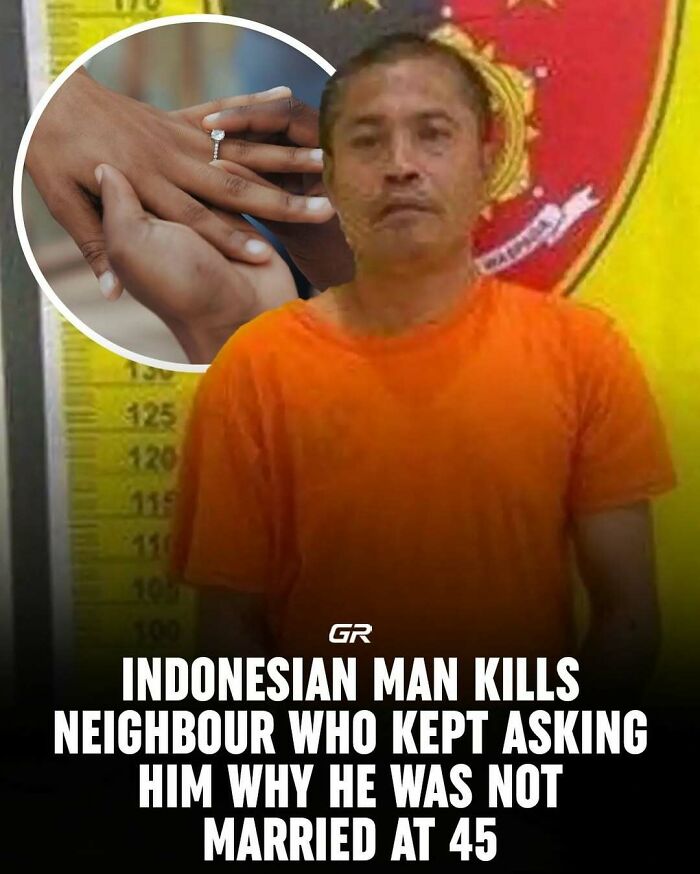 Man in orange shirt standing against a height chart, inset of hands with a ring, highlighting an intriguing fact.