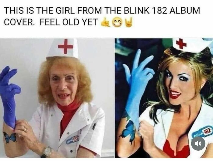 Elderly woman and album cover nurse comparison from Millennial Misery memes.