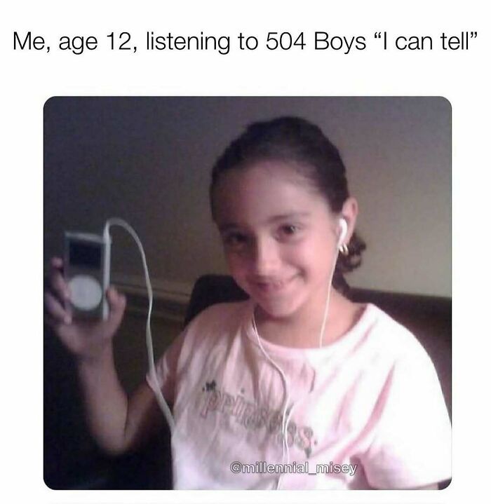 Young girl with earbuds, holding an iPod, captioned with a nostalgic throwback from Millennial Misery.