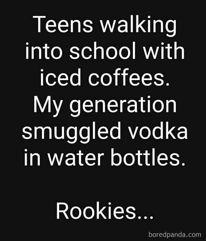 Millennial Misery meme comparing iced coffees in school to smuggling vodka in water bottles.