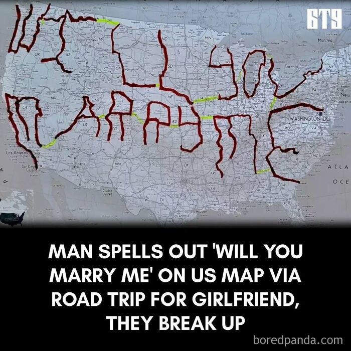 US map with road trip path spelling "Will You Marry Me" in red lines.