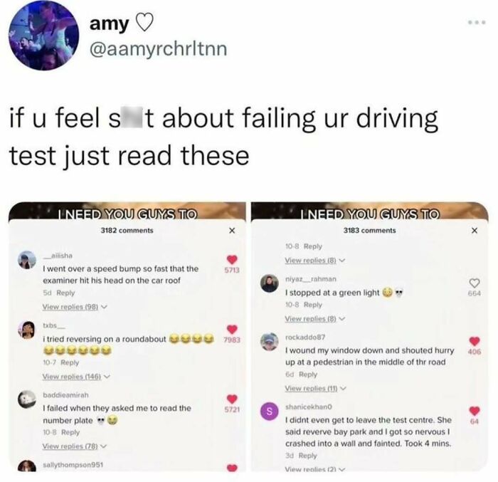 Funny memes about driving test fails, featuring humorous comments about mishaps like speed bumps and roundabouts.