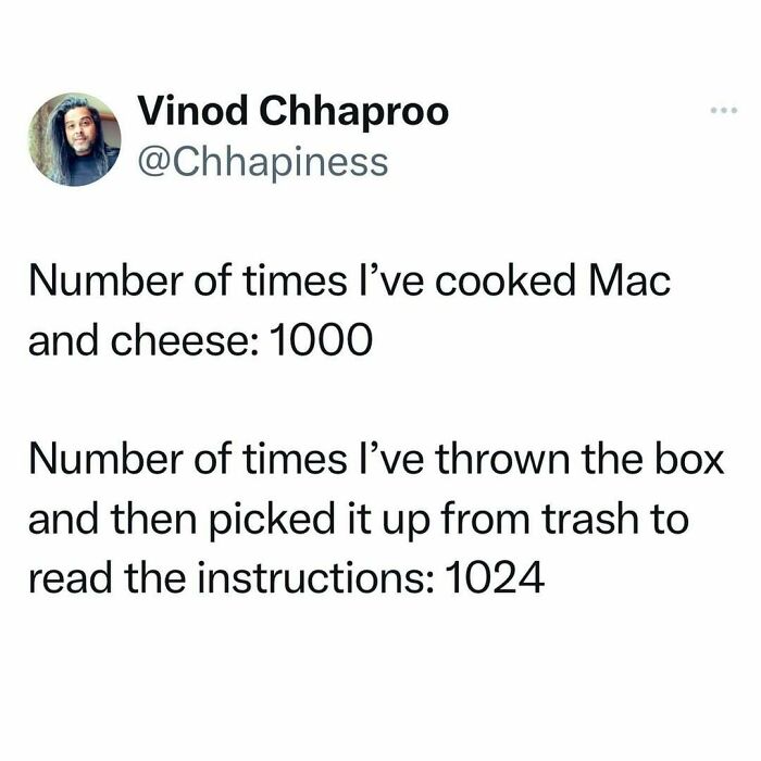 Tweet humorously comparing cooking mac and cheese to retrieving instructions from the trash.