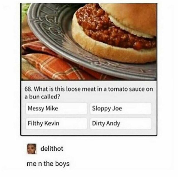 Quiz meme with options for a sandwich, highlighting "Sloppy Joe" among humorous answers.