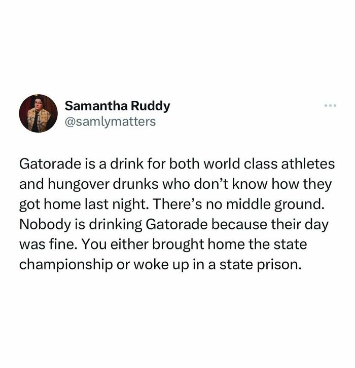 Tweet about Gatorade humorously relating to athletes and hungover people, highlighting its use in extreme situations.