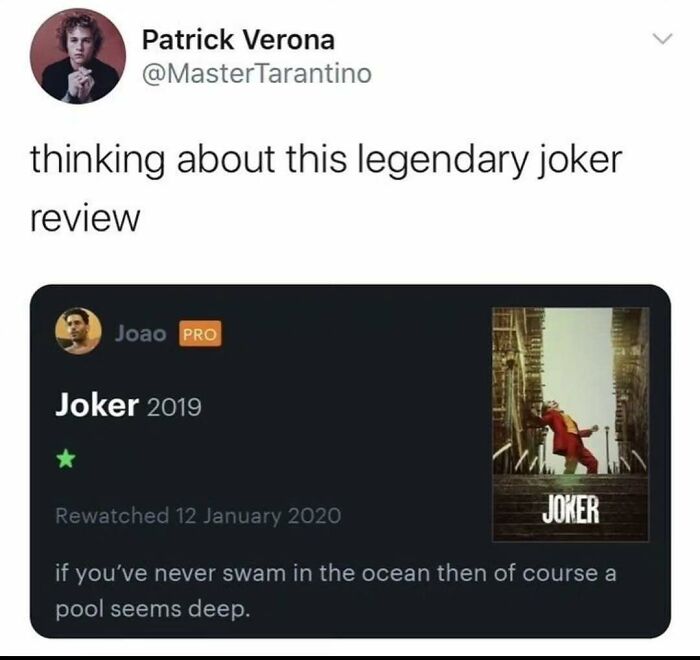 Funny meme featuring a humorous review of the 2019 movie Joker, shared by a Twitter user.