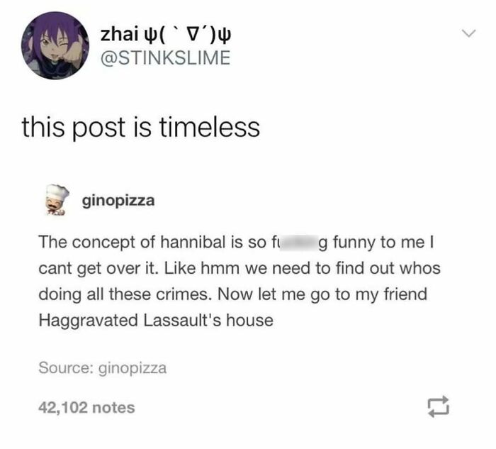 Funny meme about Hannibal with humorous commentary on solving crimes, shared by user zhai.