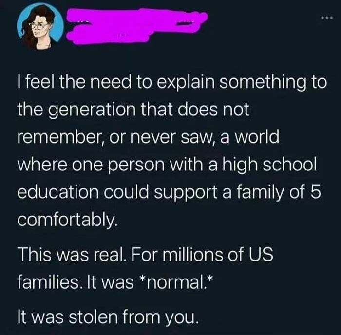 A social media post discussing struggles of living in capitalism, highlighting past economic norms for families.