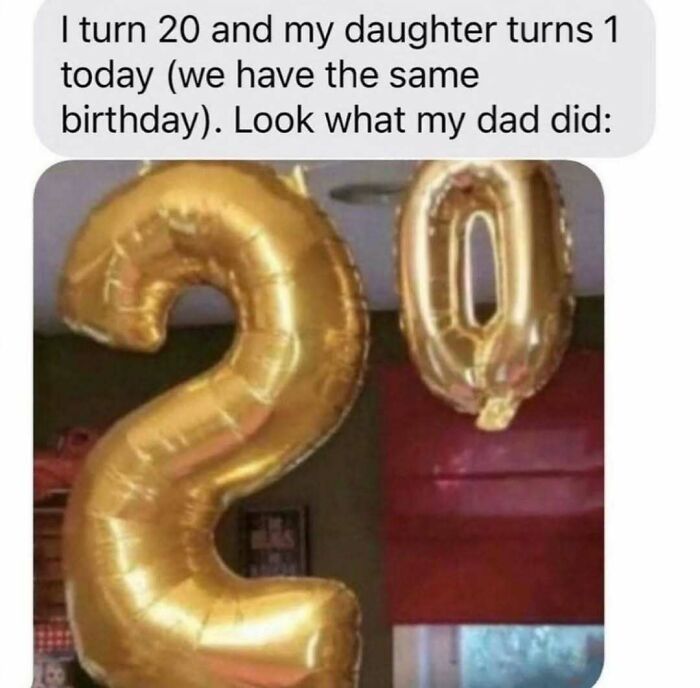 Golden balloons shaped as the number 20, part of a funny meme about shared birthdays with a humorous twist.