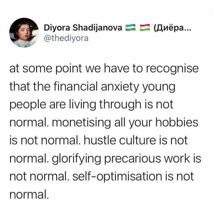 Social media post on anti-work sentiment, highlighting financial anxiety and hustle culture struggles in capitalism.