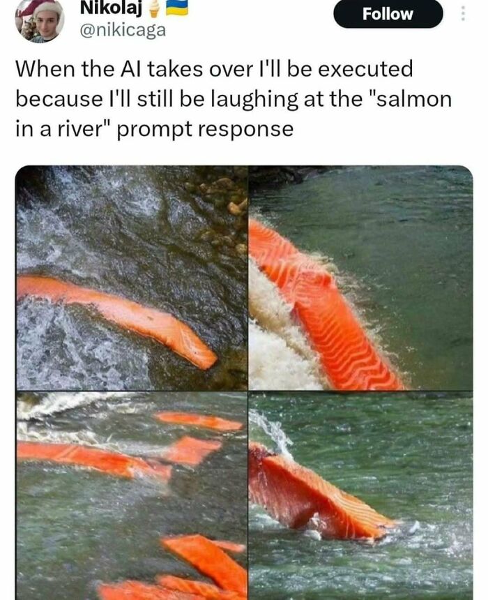 Salmon fillets floating in a river, humorously mimicking fish swimming upstream. Funny memes for a laugh.