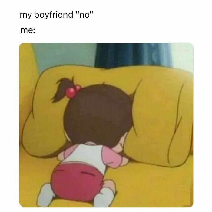 Child face-down in pillow showing a painfully relatable reaction with text "my boyfriend 'no' me".