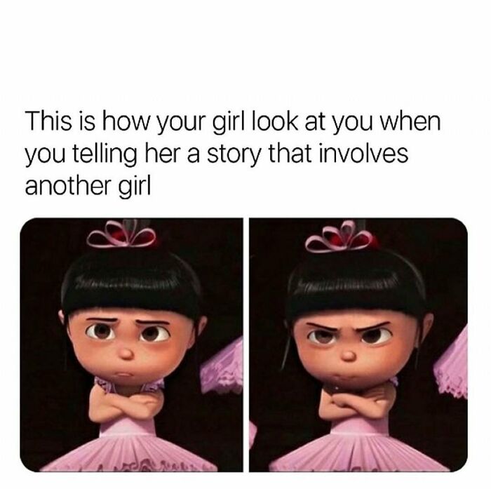 A girl in a pink dress with arms crossed and a skeptical expression, capturing a relatable meme moment.