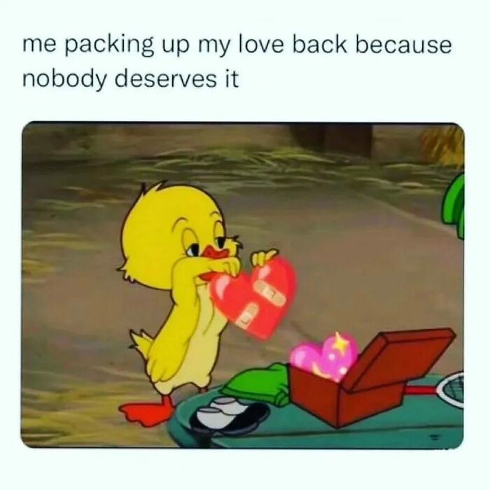 Cute cartoon duck packing a heart with band-aids into a box, a relatable meme.