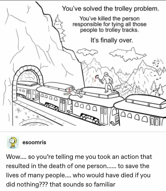 A funny meme depicting the trolley problem solution with a humorous twist involving a mountain landscape.