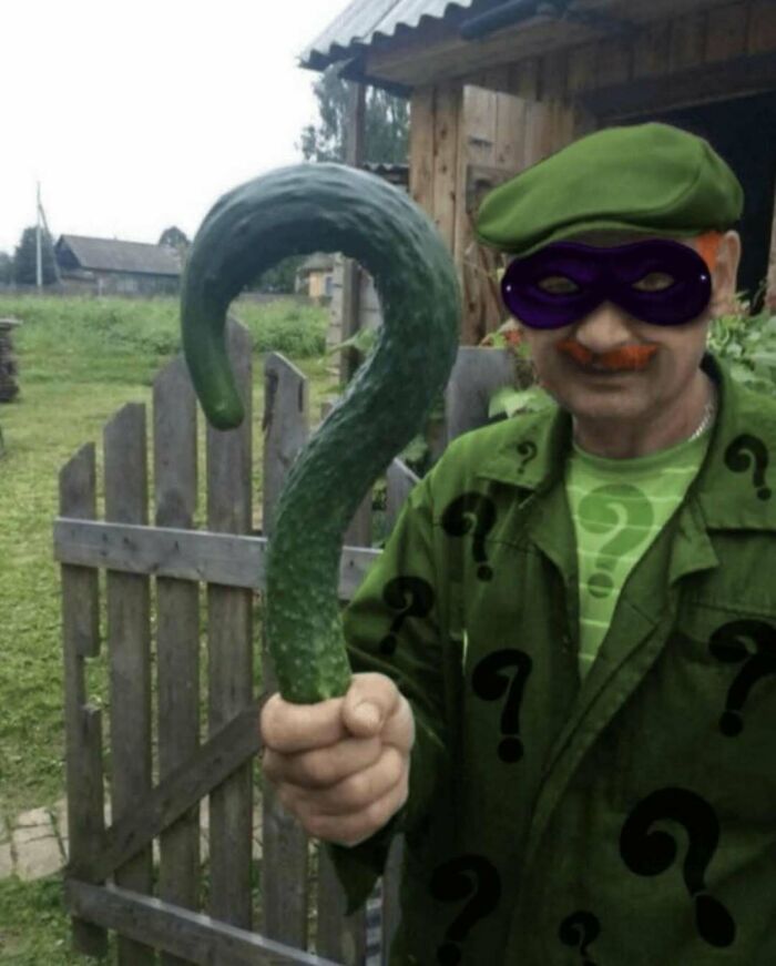 Man dressed as a character holding a question mark-shaped cucumber, creating a random cursed image.