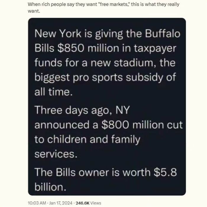 Text highlighting capitalism criticism with focus on sports subsidies versus cuts to social services.