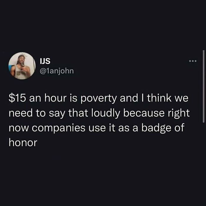 Tweet discussing $15 an hour wage and capitalism critique.