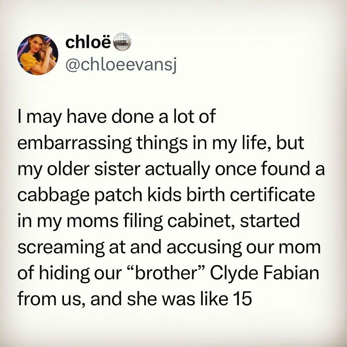 Tweet sharing a funny childhood experience involving a joke about a Cabbage Patch Kids birth certificate.