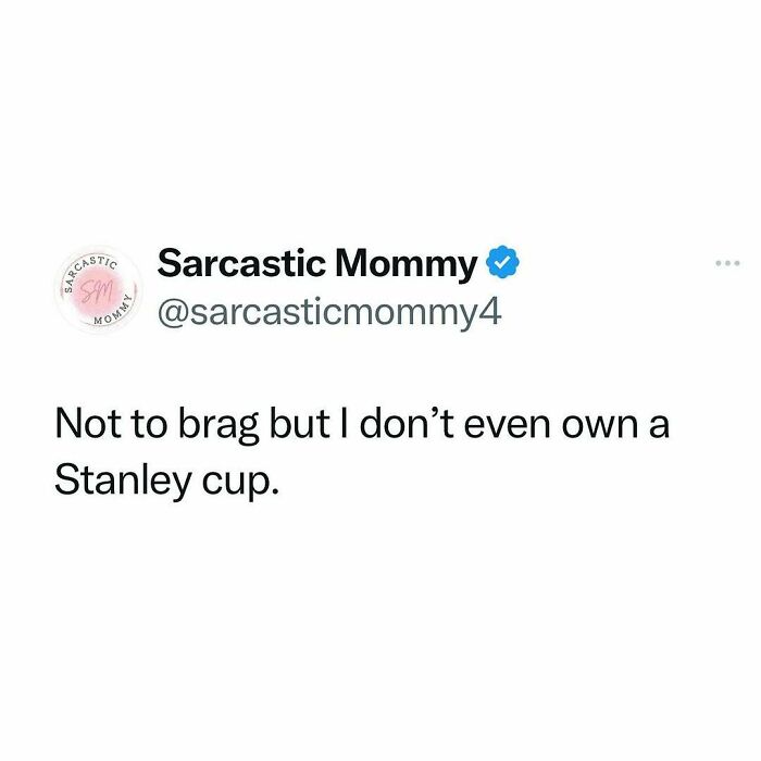Funny parenting tweet by Sarcastic Mommy, joking about not owning a Stanley Cup.