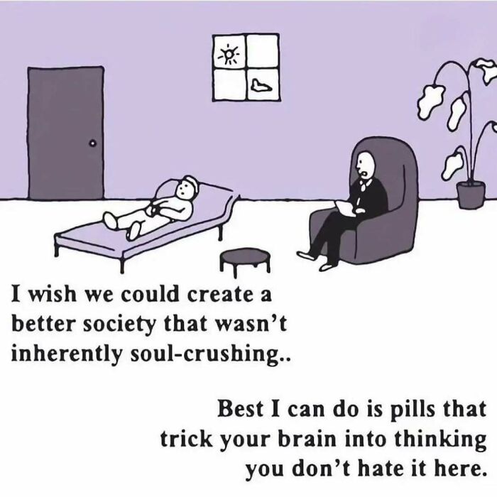 Cartoon of a therapy session highlighting struggles in capitalism.