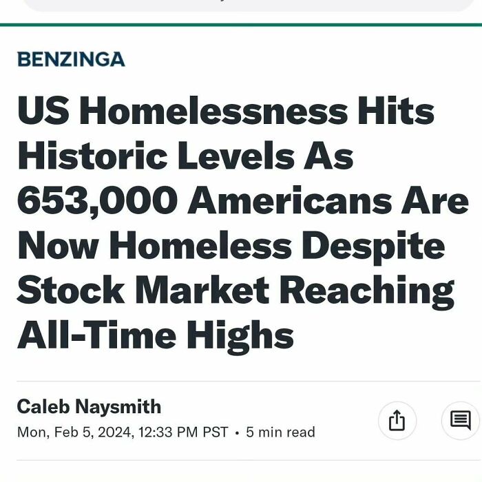 Benzinga headline on US homelessness surge amid high stock market highlights capitalism struggles.