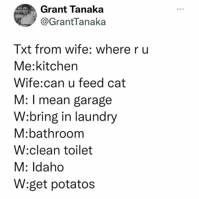 Funny tweet exchange with humorous misdirections between a husband and wife.