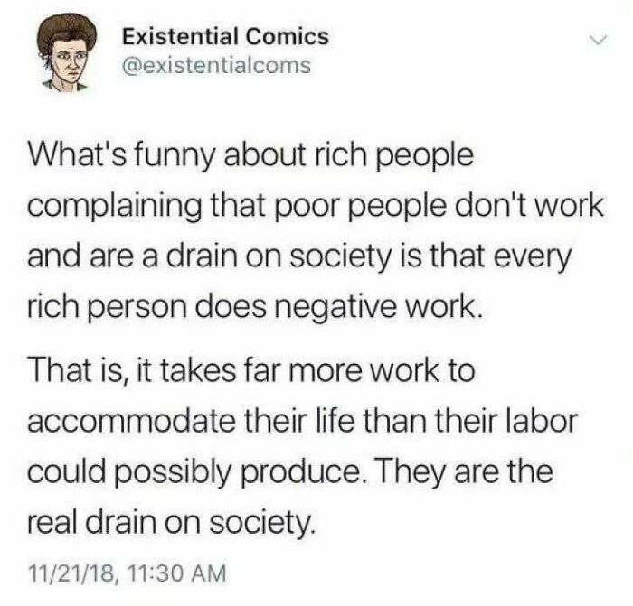 Text from a post by Existential Comics, discussing the impact of rich people in capitalism.