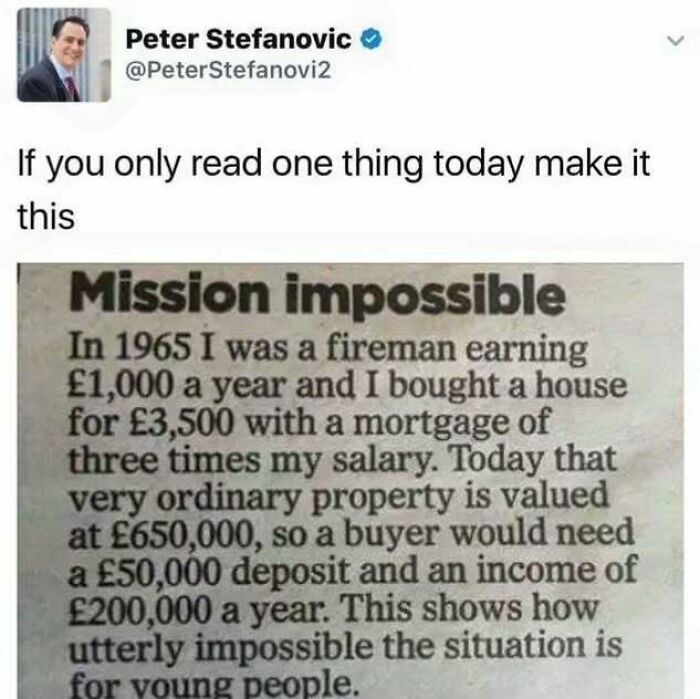 Text highlights the challenges of living in capitalism, comparing past and present housing costs.