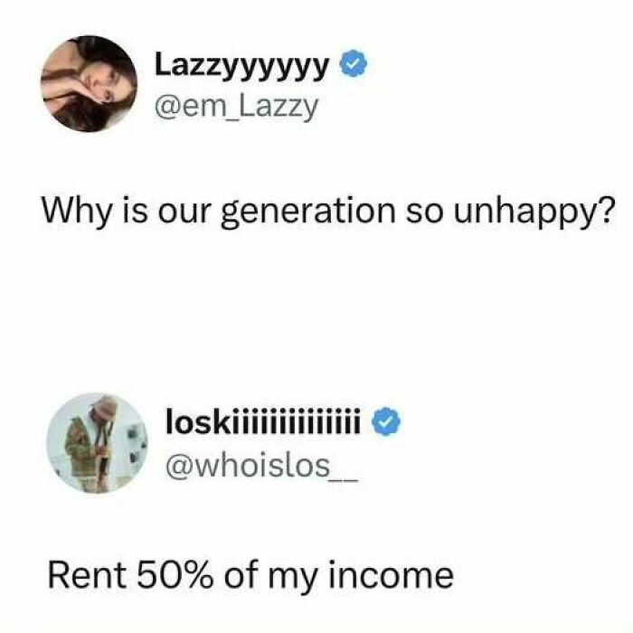 Two tweets discussing the struggles of living in capitalism, mentioning high rent expenses.
