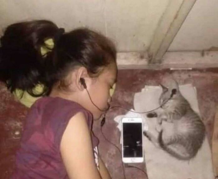 Child and cat listening to music, sharing earphones next to a phone on the floor, lifting spirits with a cute moment.
