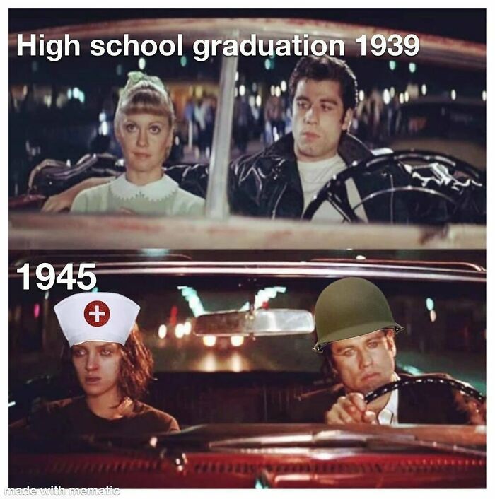 Scene from a classic film humorously edited to show high school graduation in 1939 and wartime struggles in 1945 history memes.