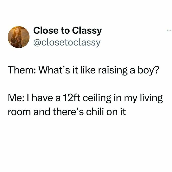 Funny tweet about parenting a boy with chili on a 12ft ceiling.