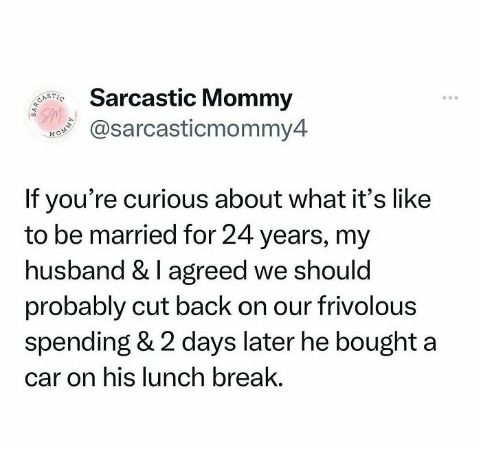 Funny parenting post about marriage, depicting a humorous take on spending habits after 24 years together.