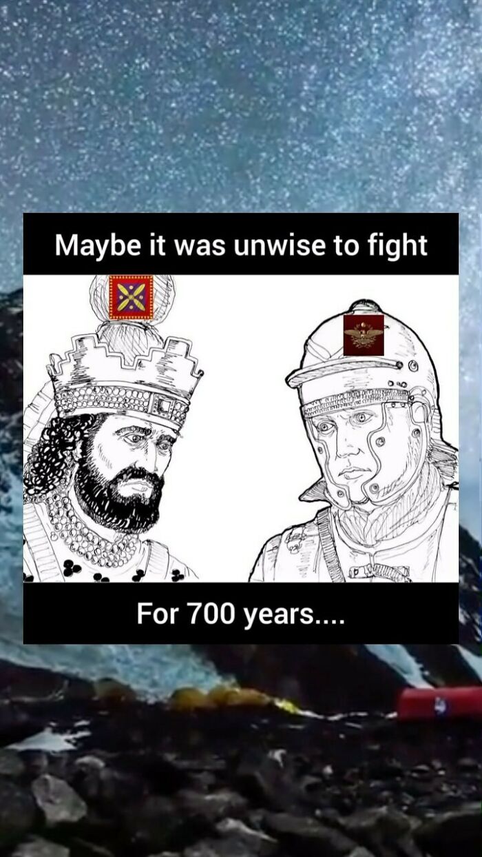 Historical meme showing a king and a soldier reflecting on a 700-year conflict in history class humor context.