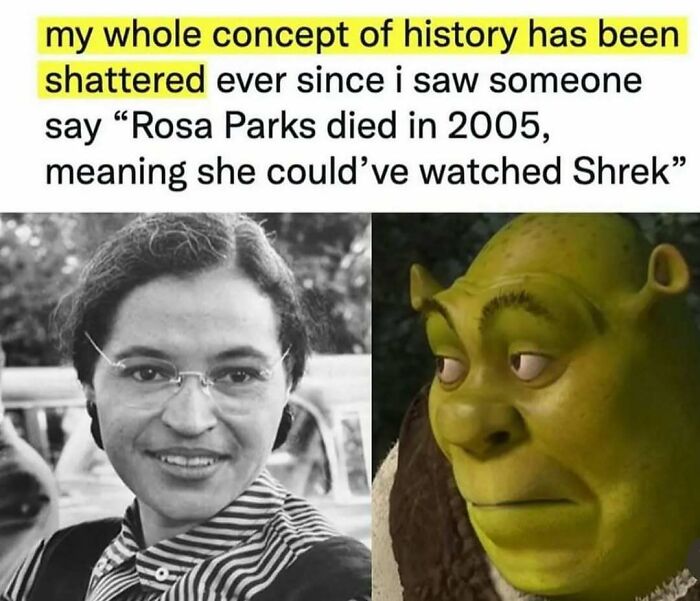"History concept shattered: Rosa Parks and Shrek connection explored in humorous post."