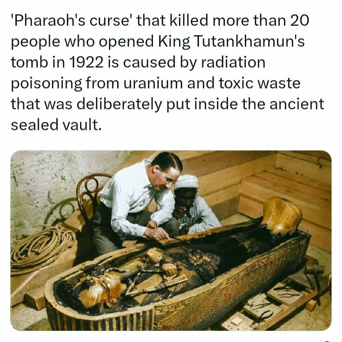 Man examining King Tutankhamun's sarcophagus in 1922, linked to intriguing facts about the tomb's curse.